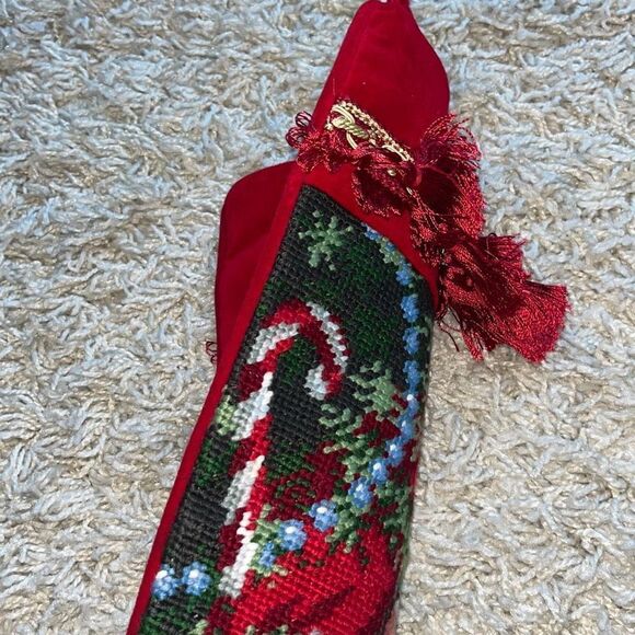 VINTAGE SANTA CLAUS CHRISTMAS STOCKING CROSS STITCH HANDMADE USA RED - Picture 10 of 12